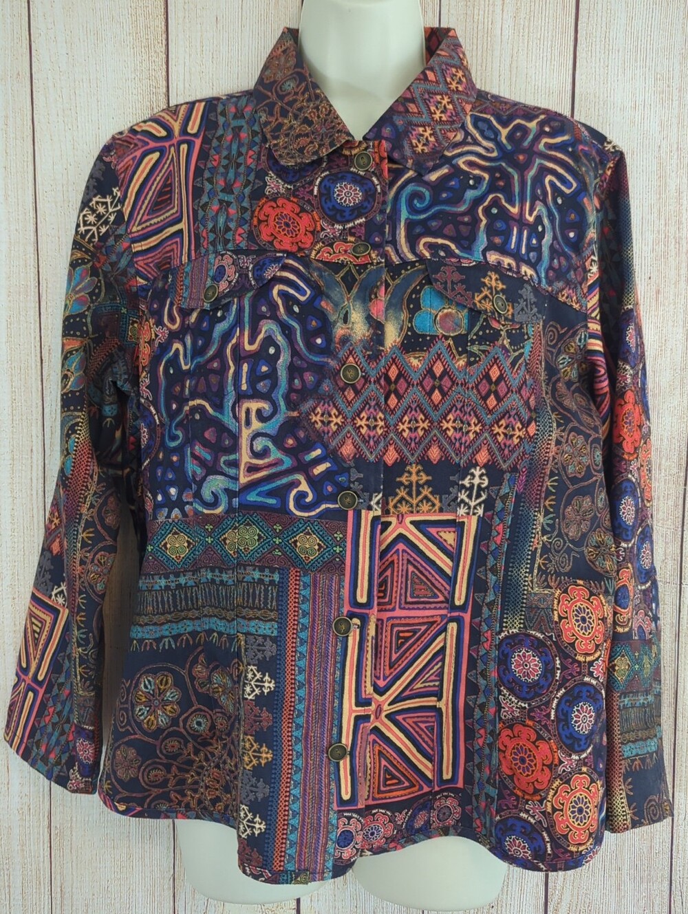 Vintage Chicos Patchwork Button Front Jacket Multicolor Bohemian Art to Wear 2